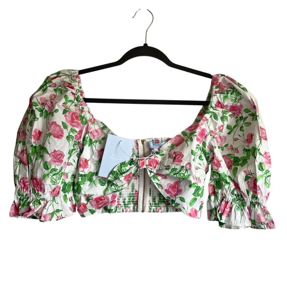 Hill House Isabella Pink Roses Floral Tie Front Puff Sleeve Crop Top NWT - Picture 4 of 12